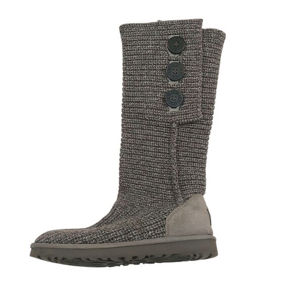 UGG Cardi Ribbed Knit Boots Womens 8 Gray Button Sheepskin Lining Tall Short - Picture 1 of 13